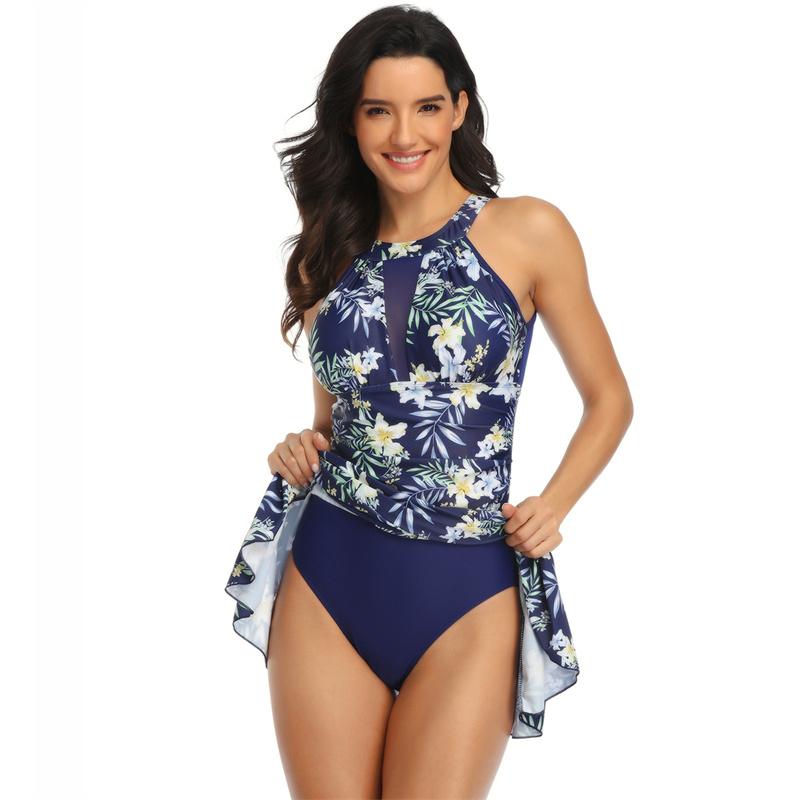 Traje de baño para mujer, tankini de playa de cintura alta sin espalda, traje de baño estampado sin mangas, trajes de baño de una pieza, ropa de playa