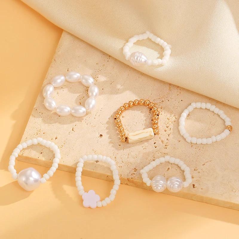Ethnic Style Imitation Pearl Beads Rings Set For Women Retro Blue Stone Cross Elastic Rope Ring Personality Jewelry Gift