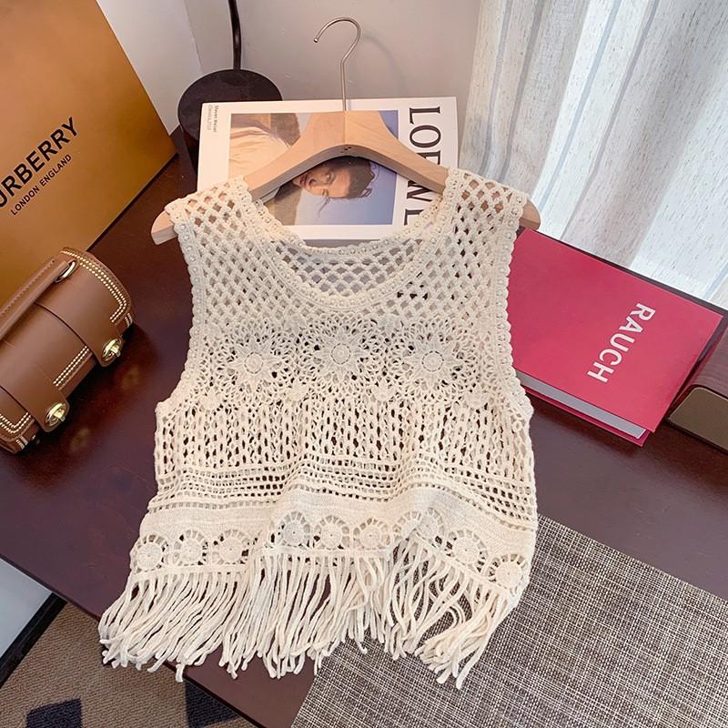 Literary and Artistic Solid Color Three-dimensional Hook-up Embroidered Lace Small Vest Large Size Women's Sleeveless Round Neck Casual Outer