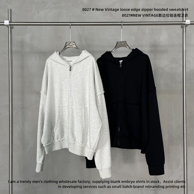 430GSM Heavyweight Cotton Washed Frayed Zip Hoodie Unisex Streetwear