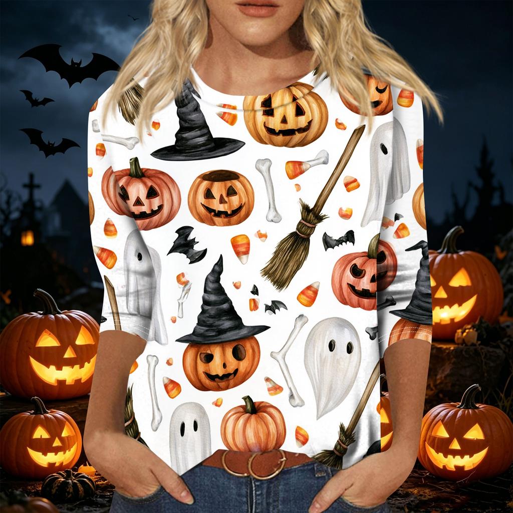 Women's Casual 3/4 Sleeve Halloween Print Pullover Top Round Neck Lightweight Loose Fit Shirt for Fall and Everyday Wear