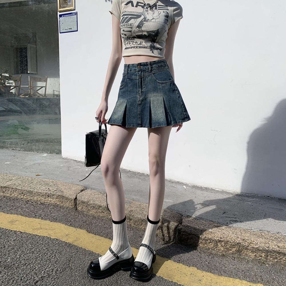 Damen Minirock mit hohem Bund, Falten, A-Linie, Vintage gewaschener Denim, Anti-Scheuer-Effekt, Lässiger Sommerrock