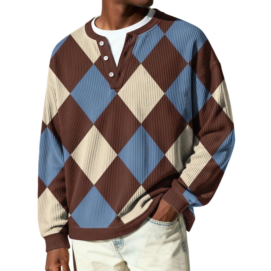 Męski sweter z dzianiny prążkowanej z długim rękawem, z kołnierzykiem zapinanym na guziki