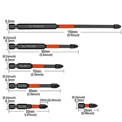 PH2 Magnetic Cross Screwdriver Bit Set Phillips Impact Batch Head Hardness Screwdriver Bit 25mm 50mm 65mm 70mm 90mm 150mm