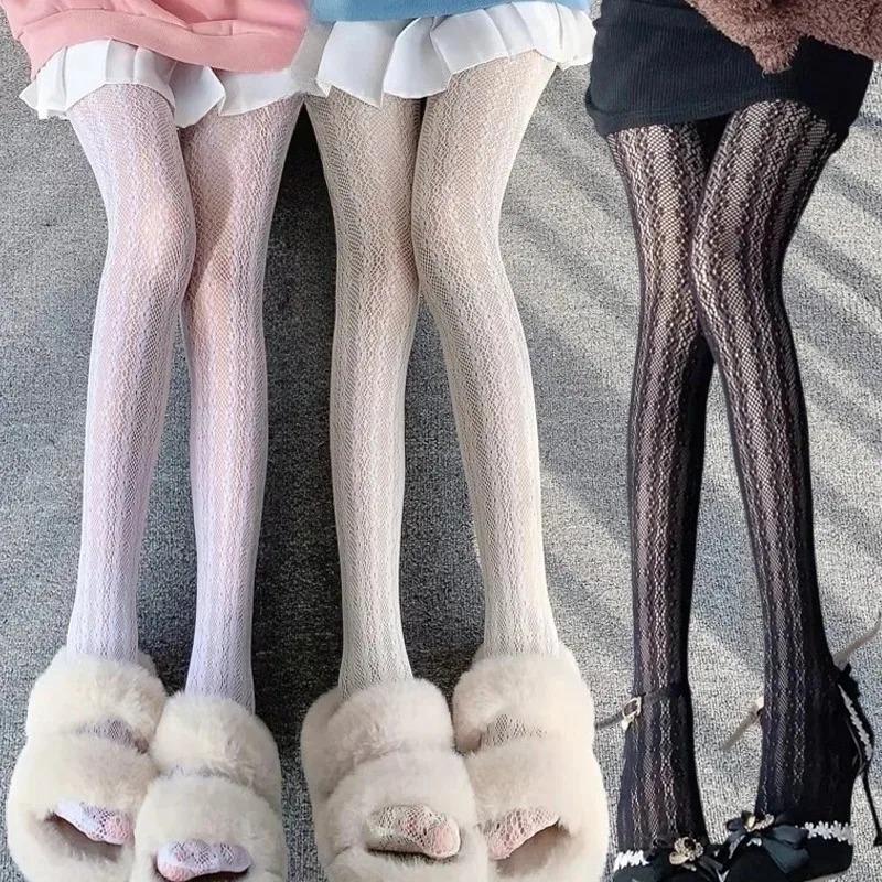 Japanische Süße Spitze Streifen Floral Fischernetz Strümpfe Vintage Damen Sexy Netz Blume Weiße Strumpfhosen Y2K Lolita Unterwäsche Strumpfhosen