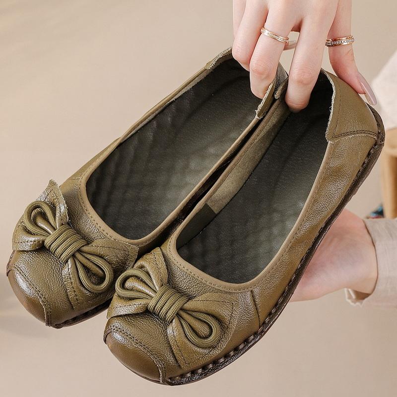 Fashion New Cow Leather Shoes Woman Luxury Bowknot Ballet Flats Women's Shallow Slip On Moccasins Mother Comfortable Autumn Flats Shoes