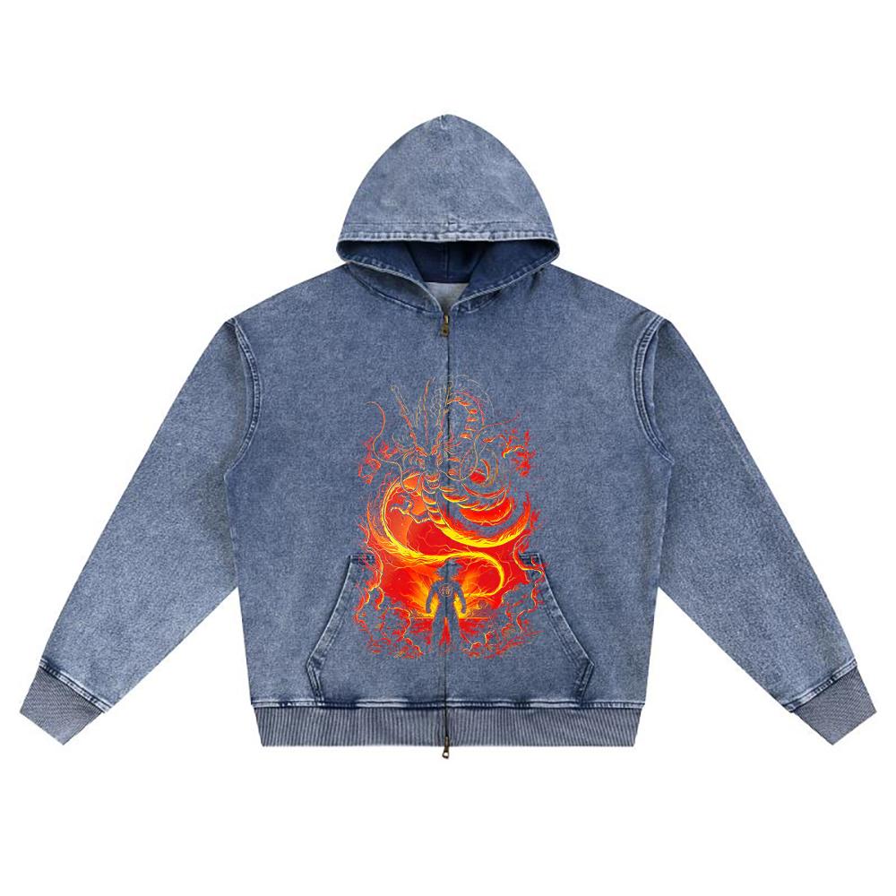 DTG Print Knitted Denim Zip-Up Hoodie Copy of Goku Sheng Long Brother Print Zipper Hoodies