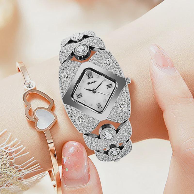 Einzigartiges Design Damenmarkenuhren Mode Luxus Diamantbesetztes Armband Quarzwerk Damenuhr Legierungsuhr