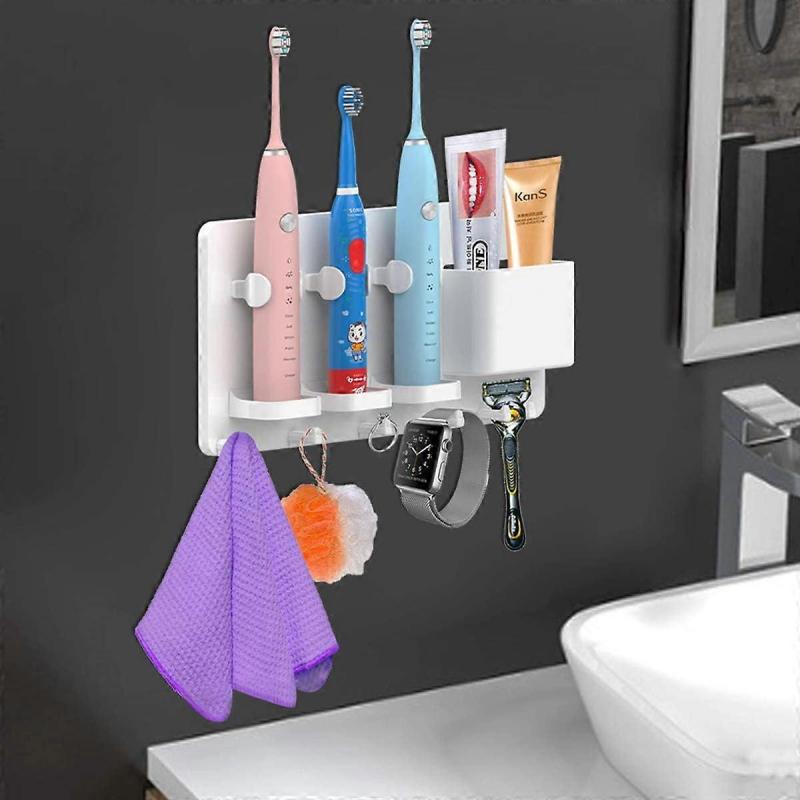 Adhesive Electric Toothbrush Holder Wall Mounted Razor Hanger Bathroom Organizer Box (White)