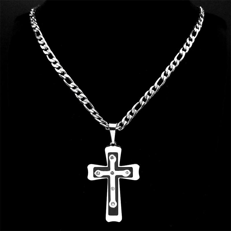 Stainless Steel Rhinestones Christian Cross Jesus Pendant Necklace for Women Men Silver Color Religion Necklaces Jewelry Gift