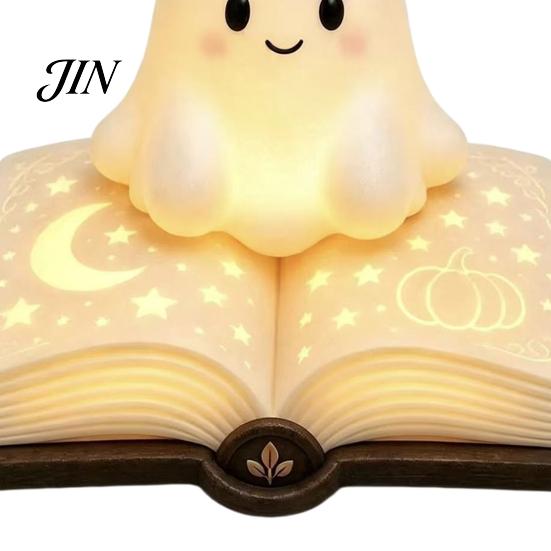 Durable Small Table Lamp Magic Book Ghost Night Light, Resin Tabletop Warm Glow with Moon Soft Yellow Light Star Relief, Cute Bedside Sleeping