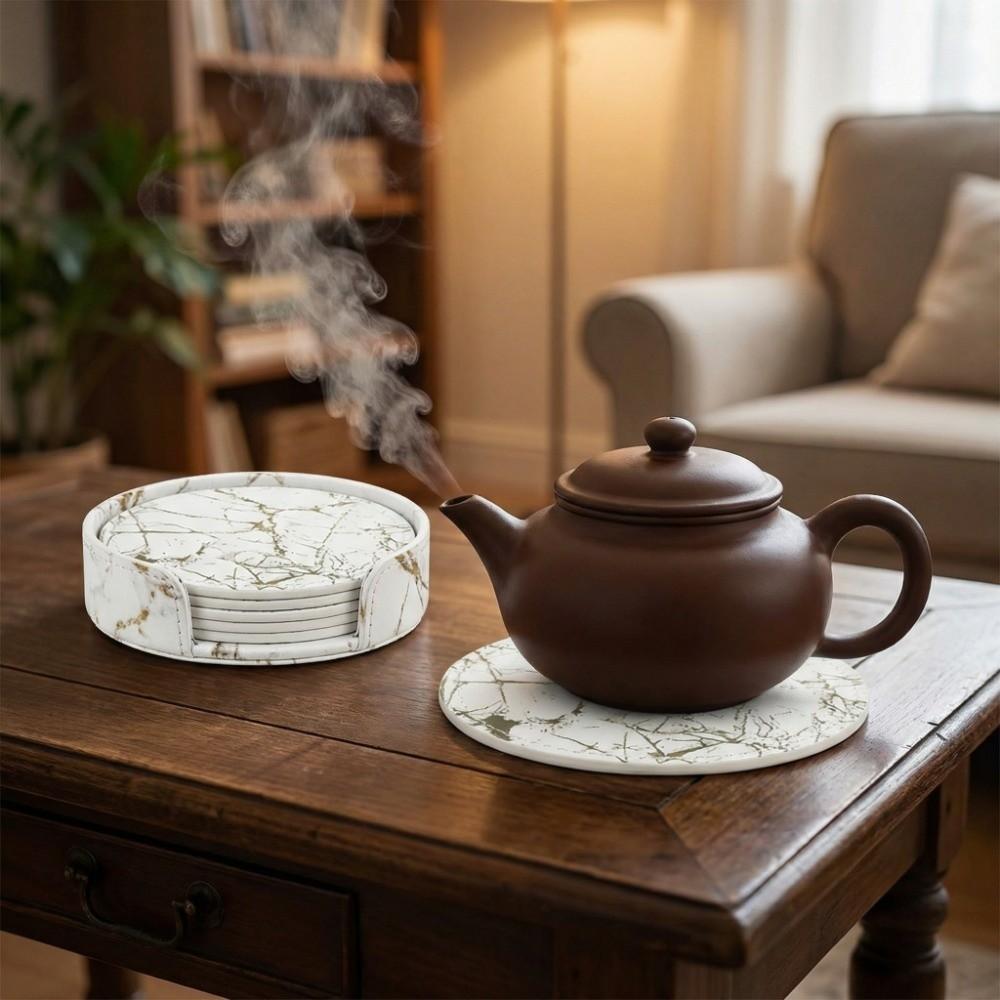 7Pcs Waterproof PU Leather Coaster Double-sided Marble Pattern Placemat 10cm Round Heat Insulation Pad Hotel