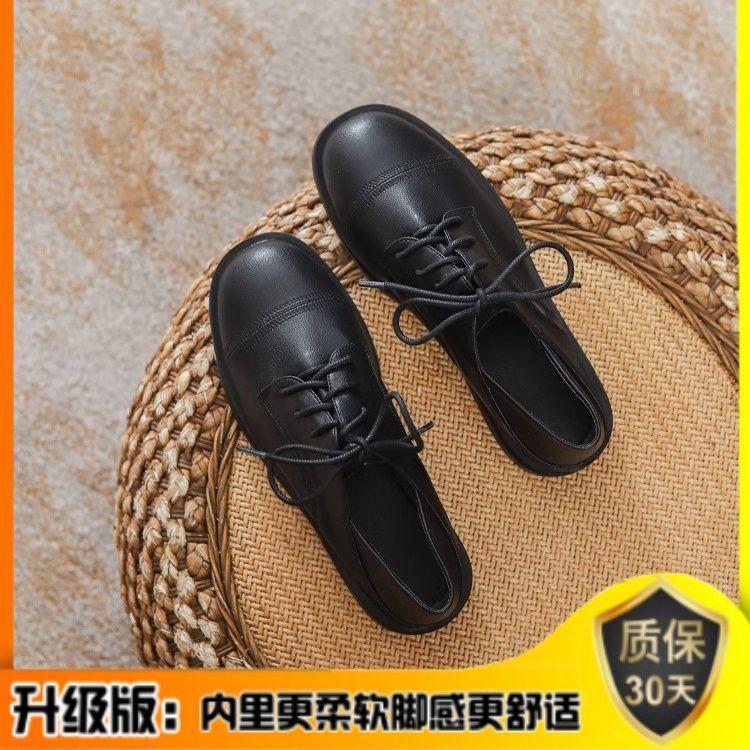 

Real soft leather loafers women s 2025 spring and autumn new black versatile single shoes flat-soled lace-up British style small leather shoes 35