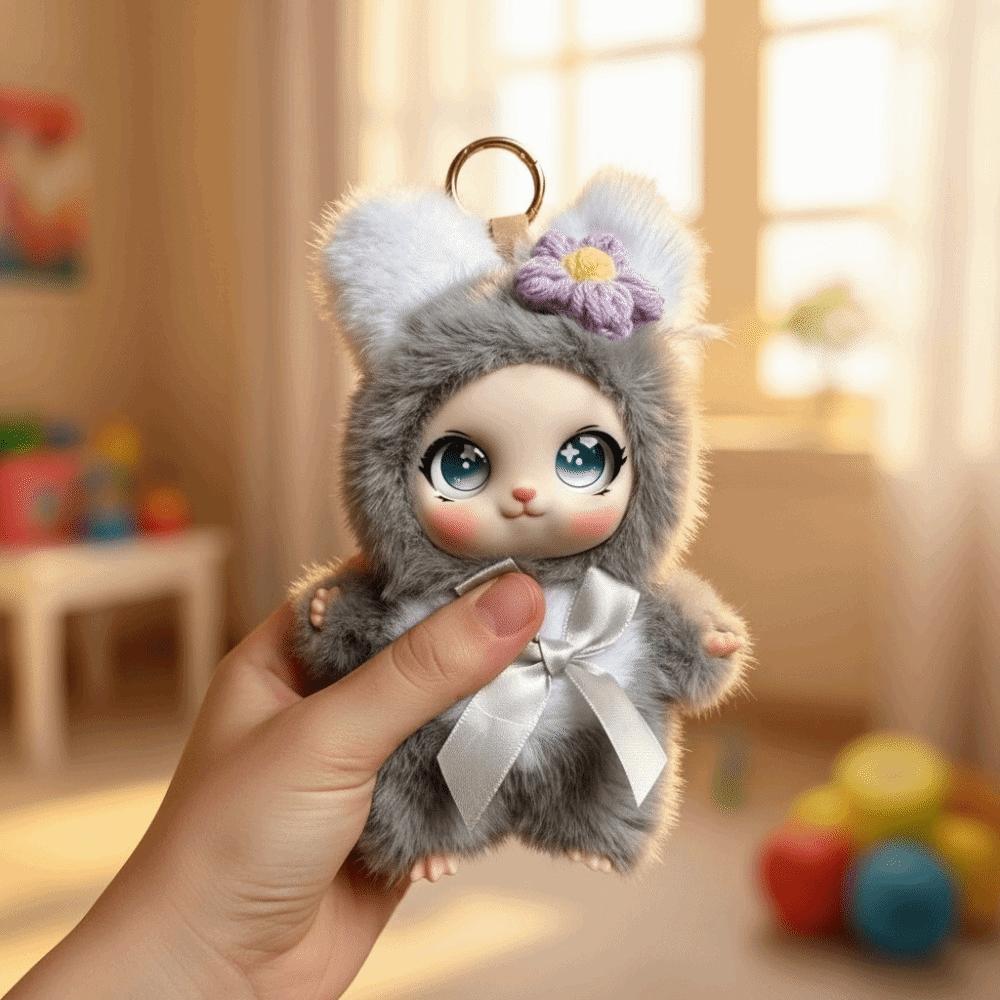 Big Ear with Flower Rabbit Plush Keychain Ornaments Bunny Plush Doll Pendant  Car Keyring
