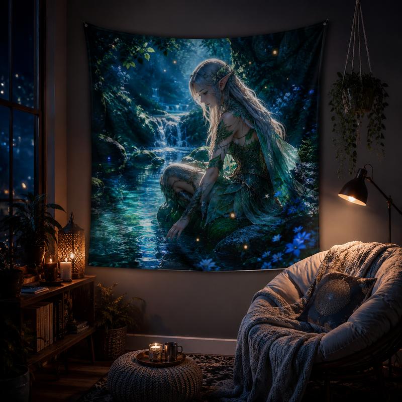 VIKAMA Waldbach Elf Fee Wandteppich Wald Mondlicht Bach Grüner Rock Elf Gedrucktes Hängendes Tuch Anime Zimmer Dekoration