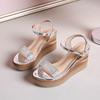 Rhinestone One-word Buckle with Wedge Heel Sandals Women's 2025 Summer New Versatile Beach Shoes Open-toed Platform Super High Heels