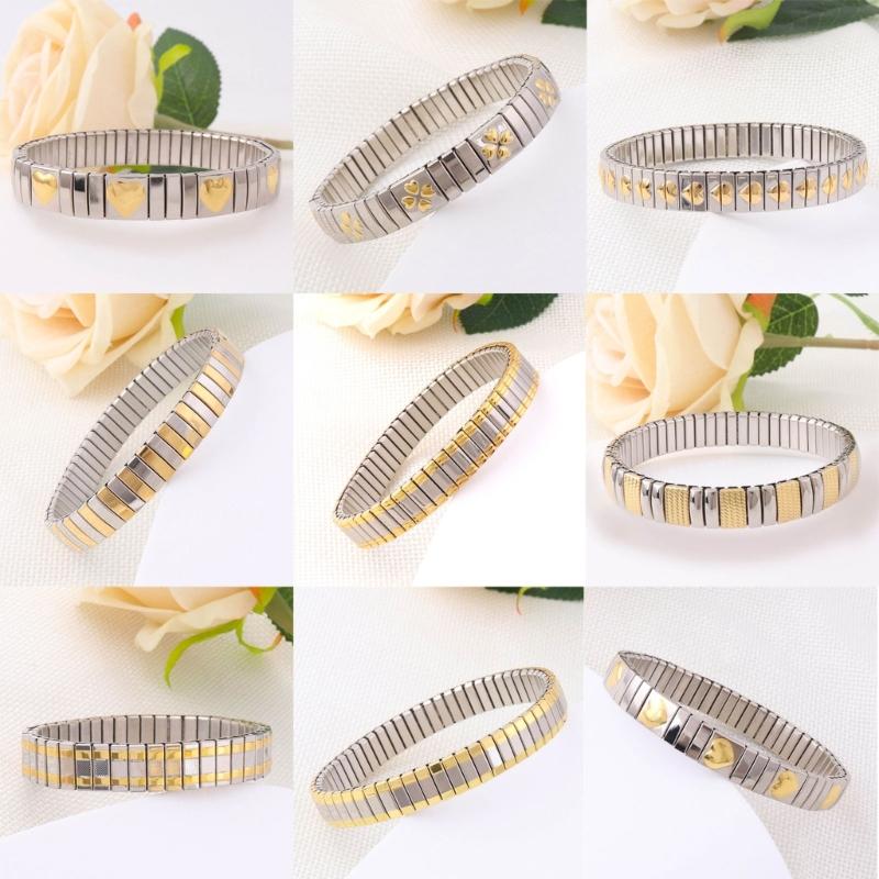 Jewelry Stainless Steel Stretch Bracelet for Women, Flexible Wide Wristband Bangle Bracelets Decorated Golden Pattern