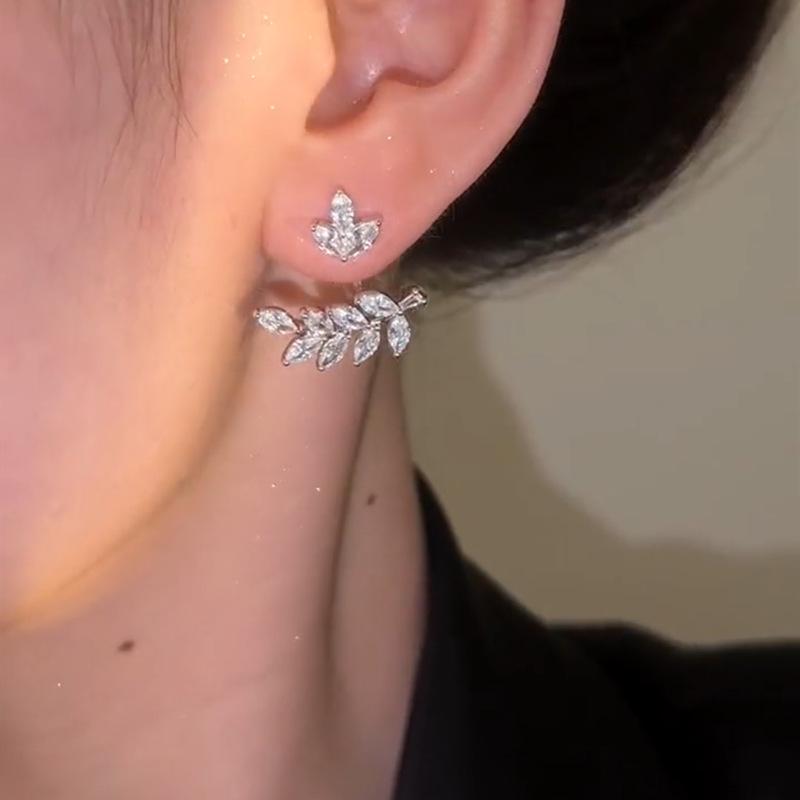 Elegant Zircon Wheat Leaf Stud Earrings: Silver Needle, Versatile Convertible Style, Exquisite Design