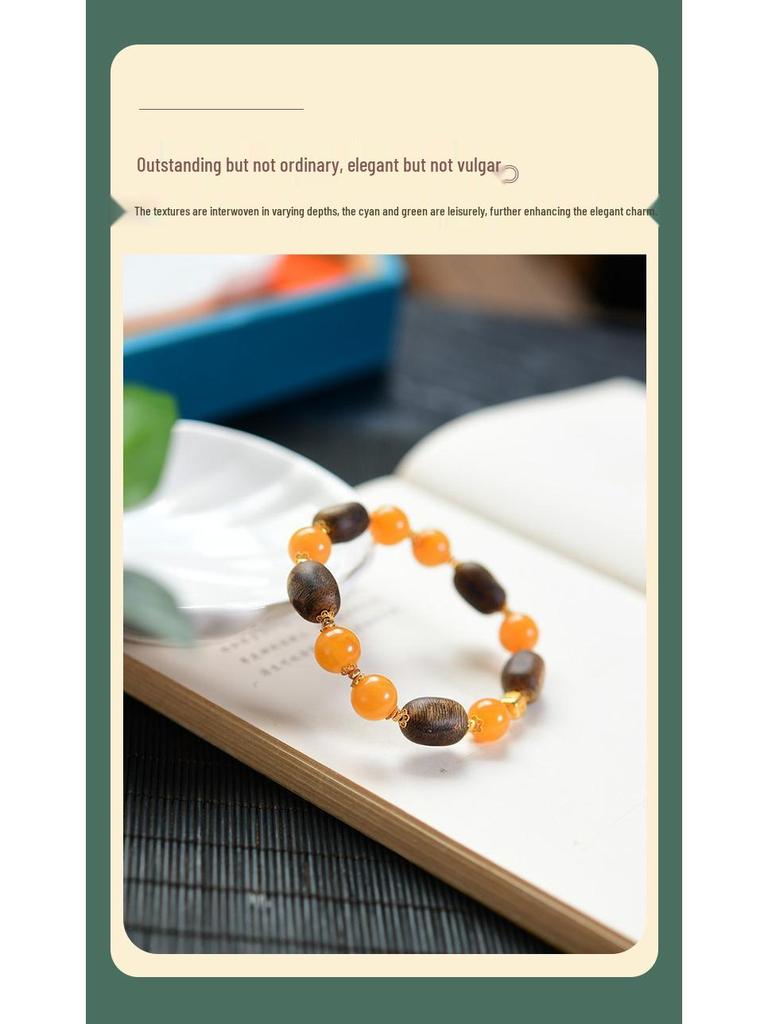 Green Kinam Agarwood Jujube & Amber Beaded Bracelet with 925 Silver Accents