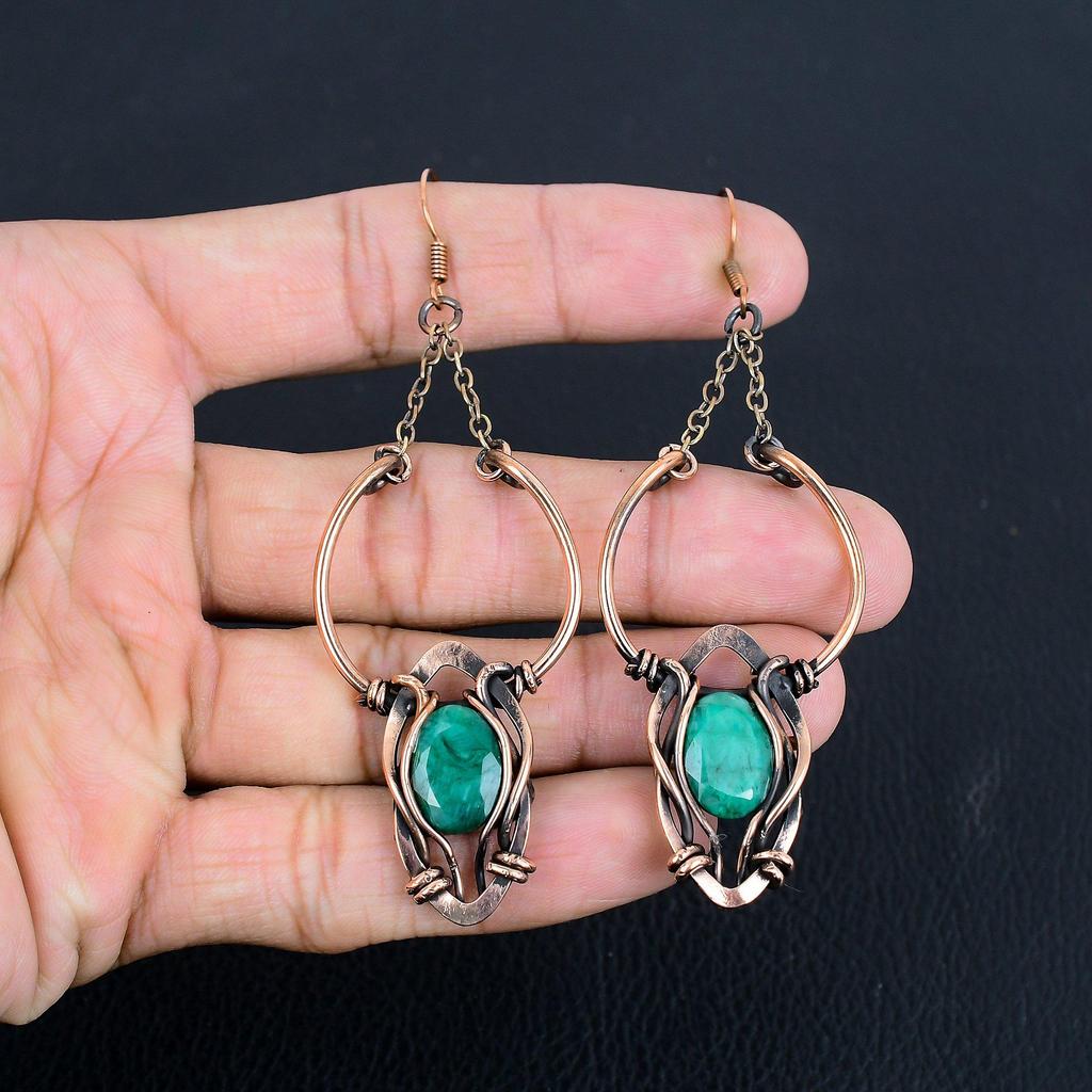 Emerald 999 Copper Wire Wrapped Earrings, Handmade Gemstone Earrings Jewelry, Gifts For Wife Brand New Earrings