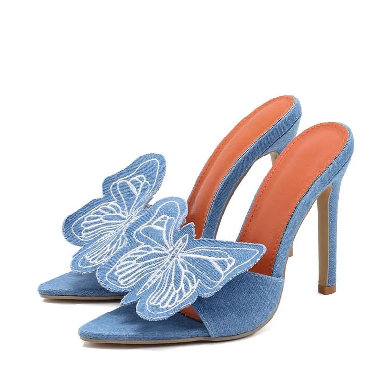 

Liyke Fashion Blue Denim Big Butterfly Женские тонкие туфли на высоком каблуке, сандалии, сексуальные шлепанцы с острым носком, мюли для вечеринки в стиле стриптиза 35