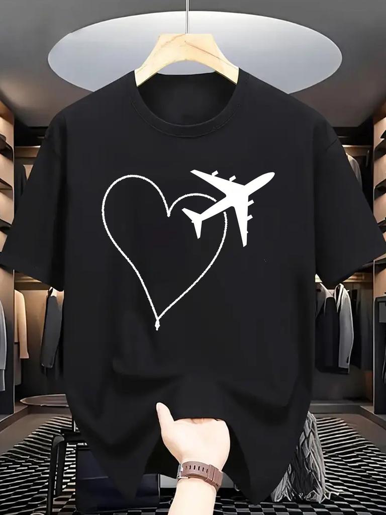 Minimal Line Graphic T Shirt For Unisex Airplane Heart Route Pattern Crew Neck Tee Wanderlust Travel Simple Print Casual Daily Tops