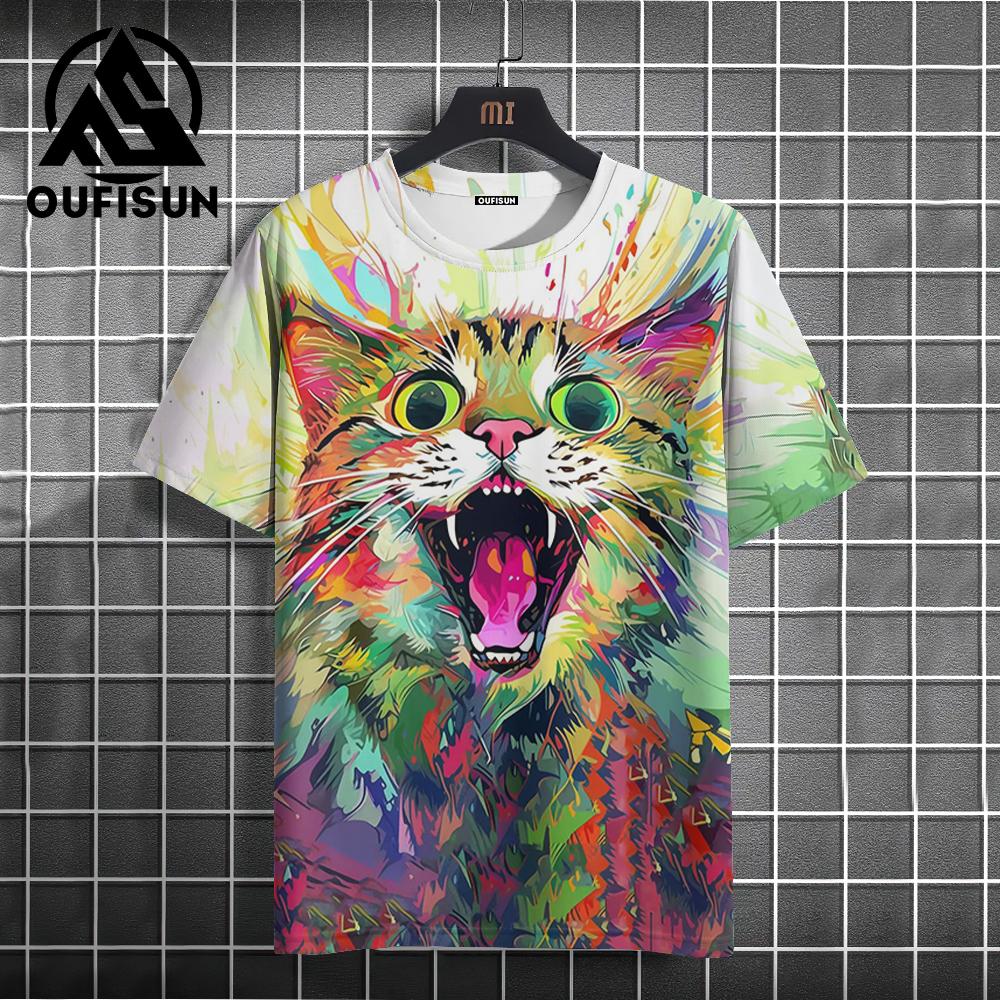 Vintage Men's T-Shirt Colorful Animal Print Short Sleeve Summer Casual Oversized Tee Men Clothing Fashion Streetwear Sportswear