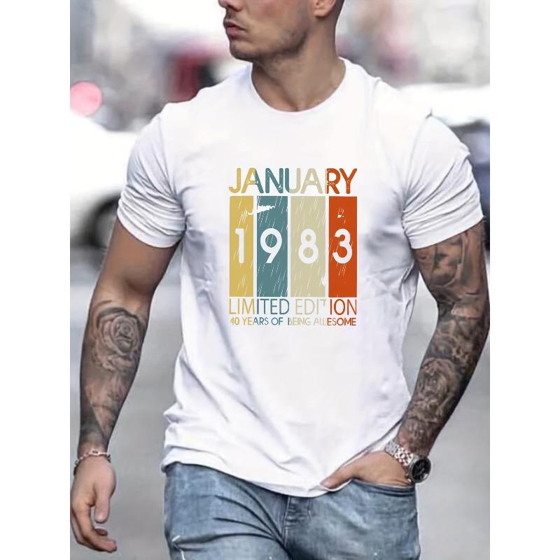 Trendy Color Block JANUARY 1983 Pattern Print Men's T-shirt, Graphic Tee Men's Summer Clothes, Men's Outfits