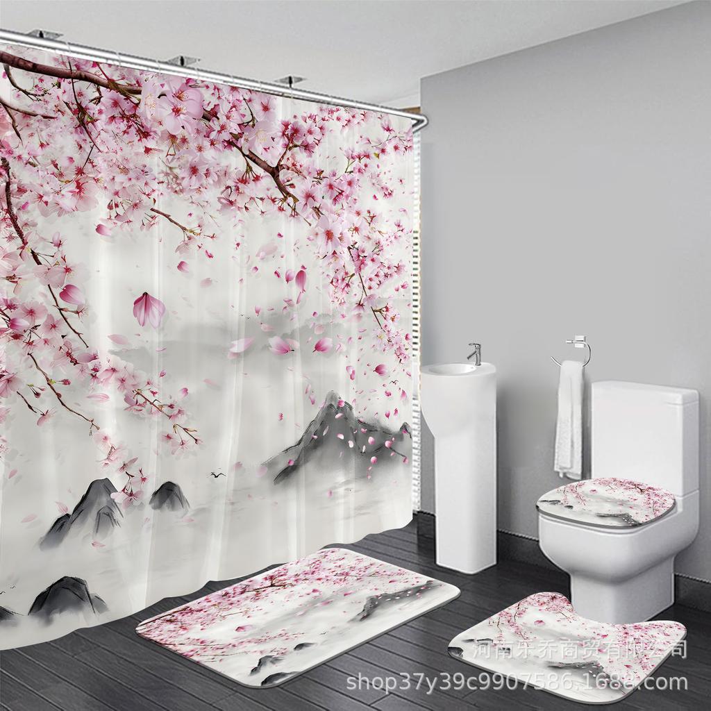Exquisite Peach Blossom Shower Curtain Set - Water-Resistant & Quick-Drying, Includes 4 Pieces