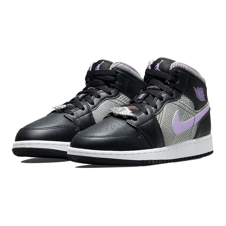 Air Jordan 1 Mid SE GS Houndstooth Kids Sneakers Black Lilac White DC7226-015