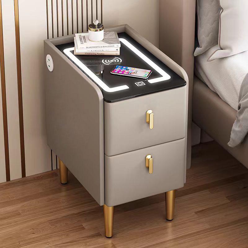Luxury Narrow Bedside Table with Wireless Charging and Multi-functional Storage