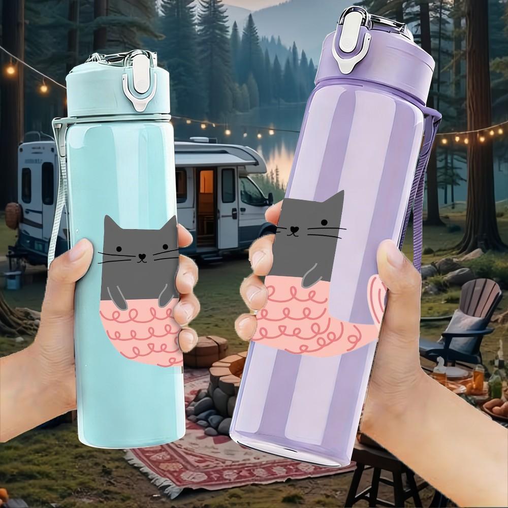 1PC Mermaid Cat Character Pattern 750ml Color Plastic Sports Water Bottle Leakproof Flip Straw Lid Suitable for Sports Office Home Use