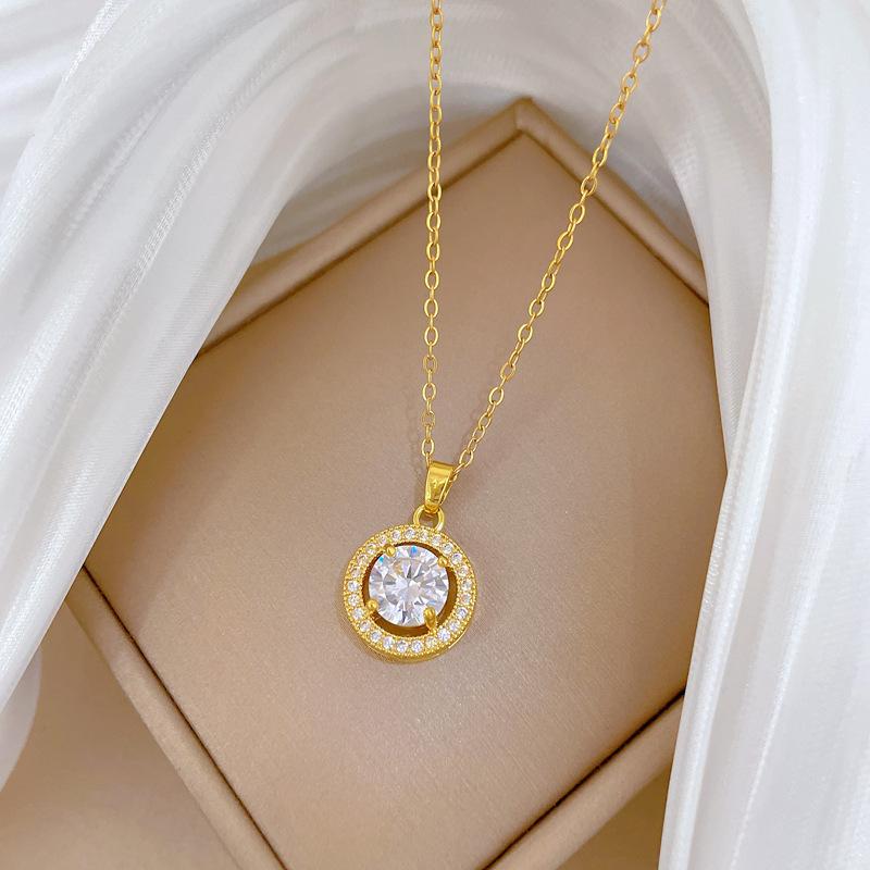 Round Empty Zircon Light Luxury Temperament Gorgeous Full Diamond Necklace Female Versatile Collarbone Chain Titanium Steel Chain