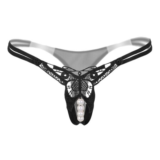 Hot Sexy Faux Pearl String Massasje Åpent Skritt Undertøy Truse Lady G-String