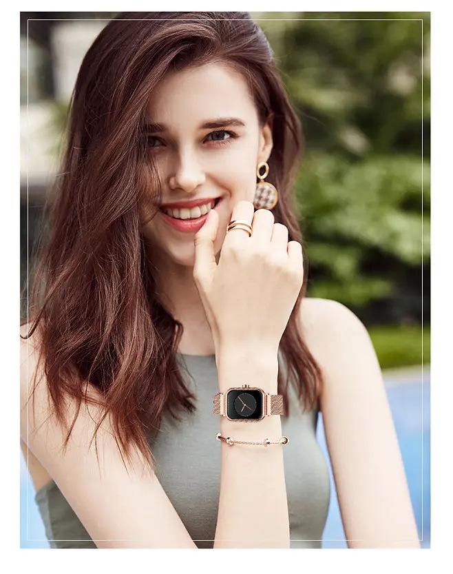 FOURRON Women's Square Quartz Fashion Watch with Milanese Steel Band