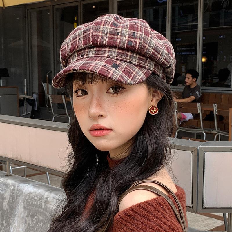 Retro Kontrastfarbene Karomuster-Baretts für Damen Japanisch Personalisierte Vielseitige Gesichtsbetonende Kleine Literarische Malerhüte
