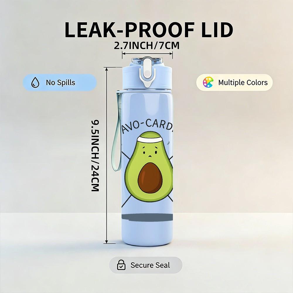 1PC Fitness Avocado Cartoon Print 750ml Color Plastic Sports Water Bottle Leakproof Flip Straw Lid Suitable for Sports Office Home Use