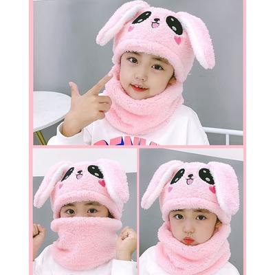 Plush Coral Velvet Cap Cartoon Rabbit Baby Scarf Hat Winter Warm Neck Cap  Children