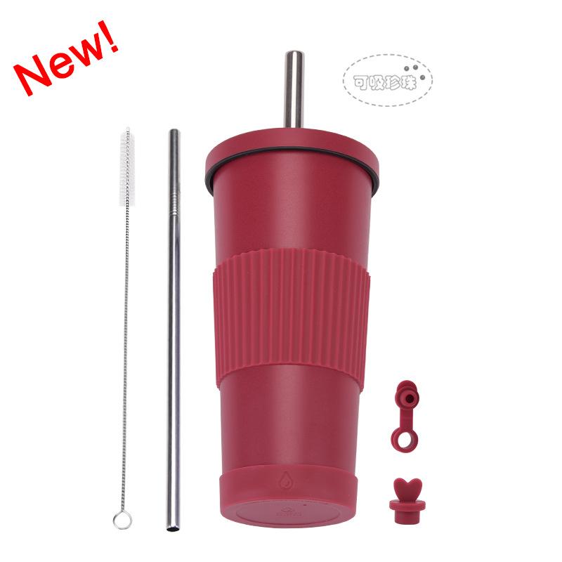 710Ml Bubble Tea Cup Non-Slip Double-Layer Stainless Steel Straw Cup Multi-Color Straw Thermal Insulation Water Cup