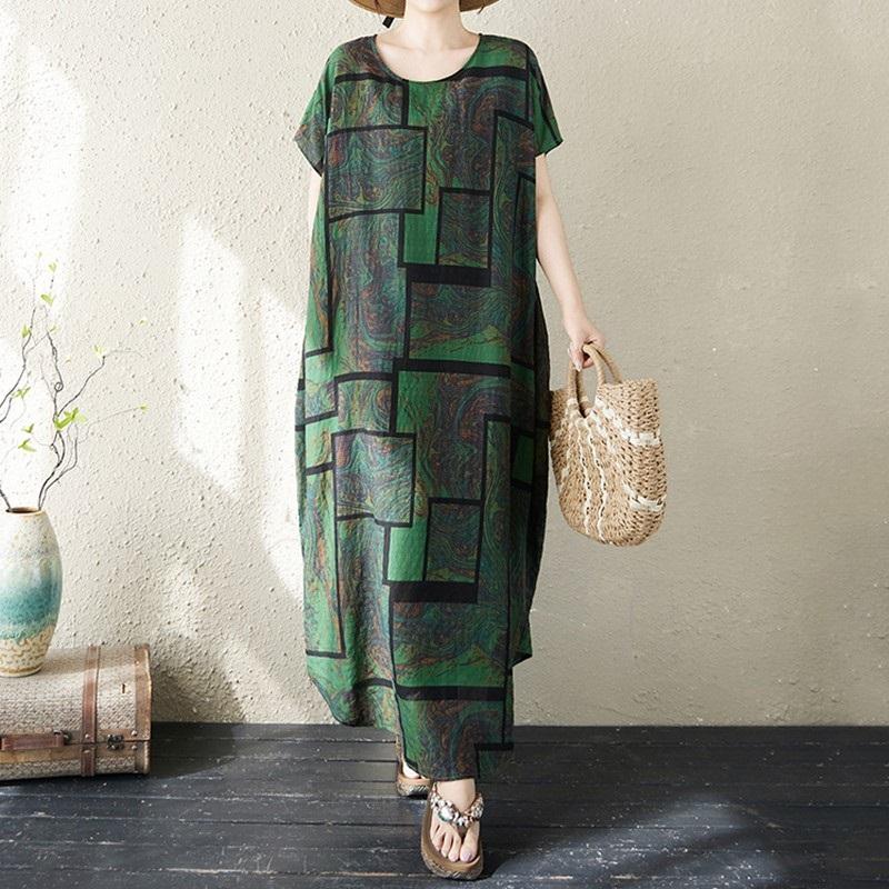 Kısa kollu Büyük beden Pamuklu vintage çiçekli yeni elbiseler kadınlar için rahat bol uzun yazlık elbise