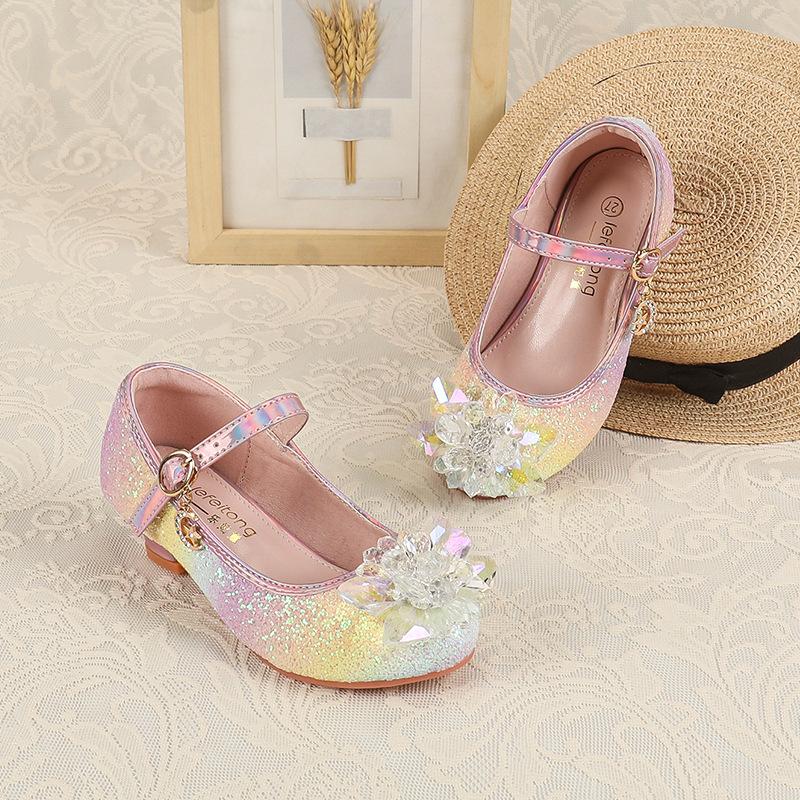 Girls' High Heels Spring and Autumn New Style Little Girls' Crystal Leather Shoes Children's Princess Shoes for Big Kids Catwalk Soft Sole Kids'