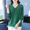 Spring Autumn Women's V-Neck Knitted Sweater Loose Solid Pullover Knitwear Thin Rhinestone Knit Top