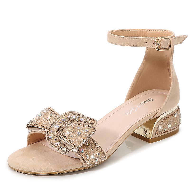 

Fashion crystal bowknot women sandals med-high heels summer shoes glitter beading heel gladiator sandalias cover heel sandales à talons 34 абрикосовый