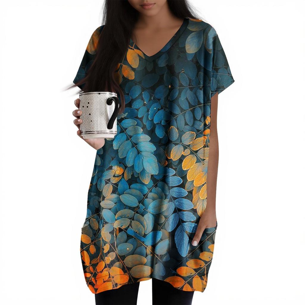 Womens Tops V-neck Short Sleeve Blouses Casual Mid-length Shirts Fashion Print Tunic Tops With Pockets
