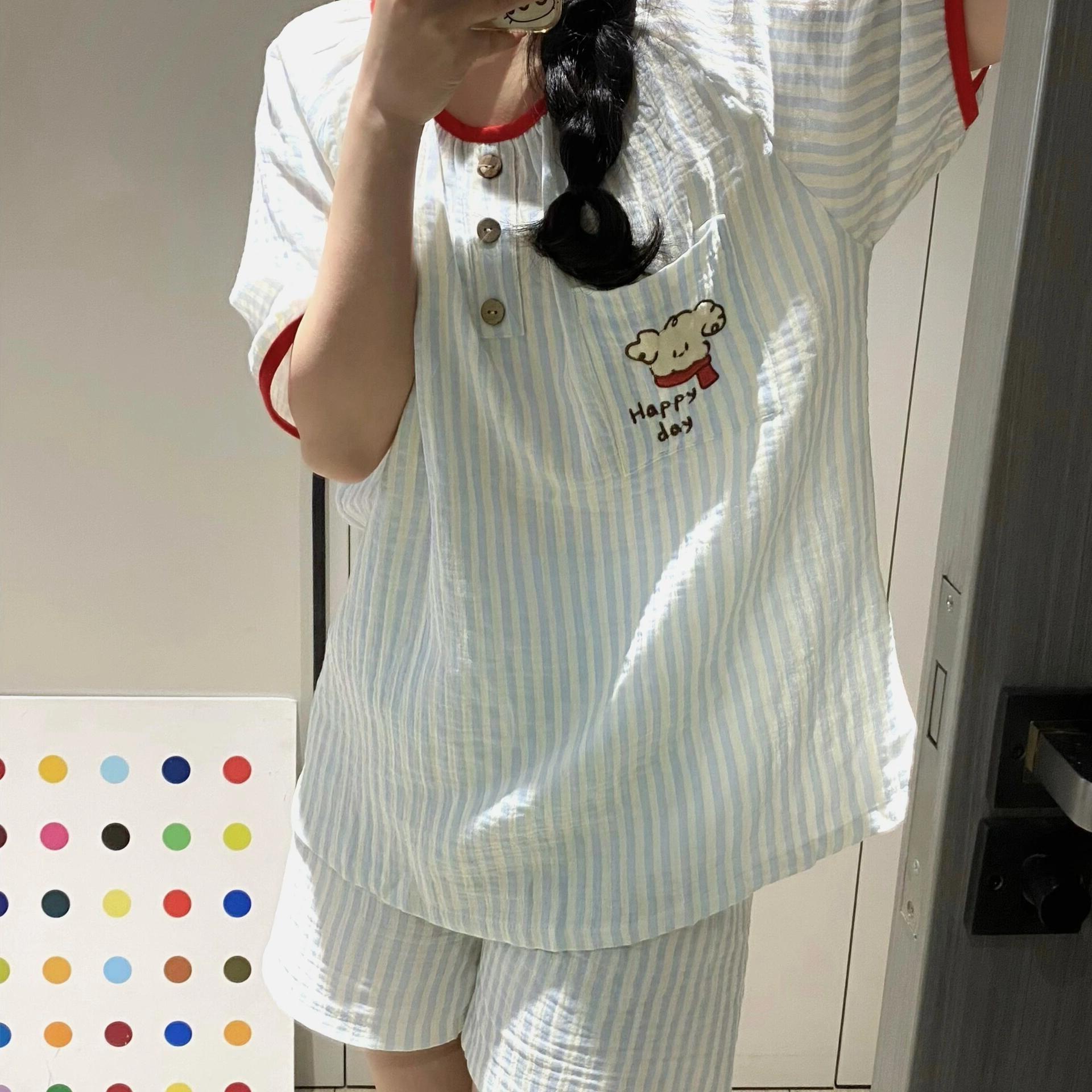 

Striped curly puppy pajamas women s summer new short-sleeved ins Japanese cute student homewear suit outer wear s [recommended weight 80-95]