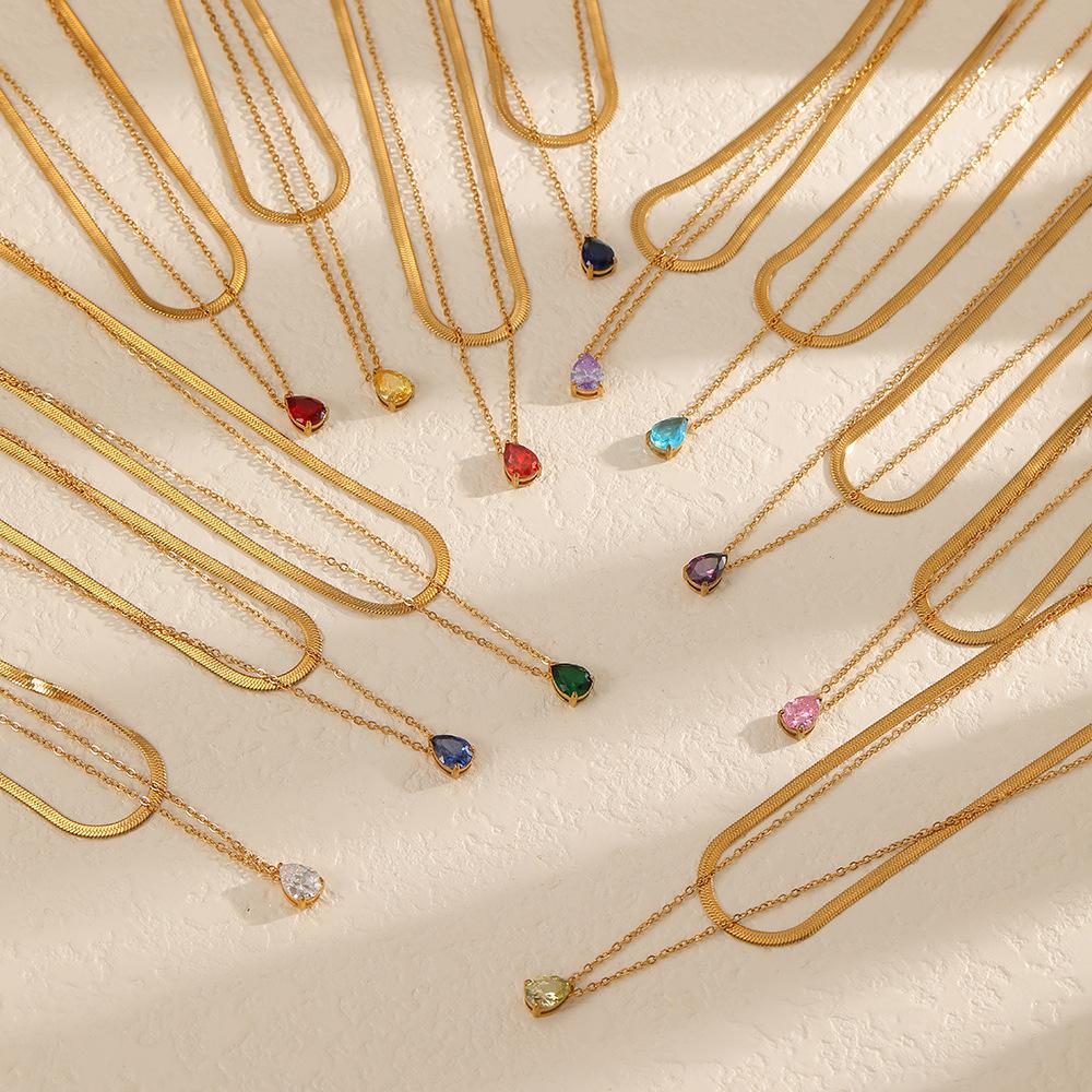 Trendy Fashion Color Zircon 18K Gold Plated Stainless Steel Water Drop Birthstone Pendant Stacked Collarbone Necklace for Women