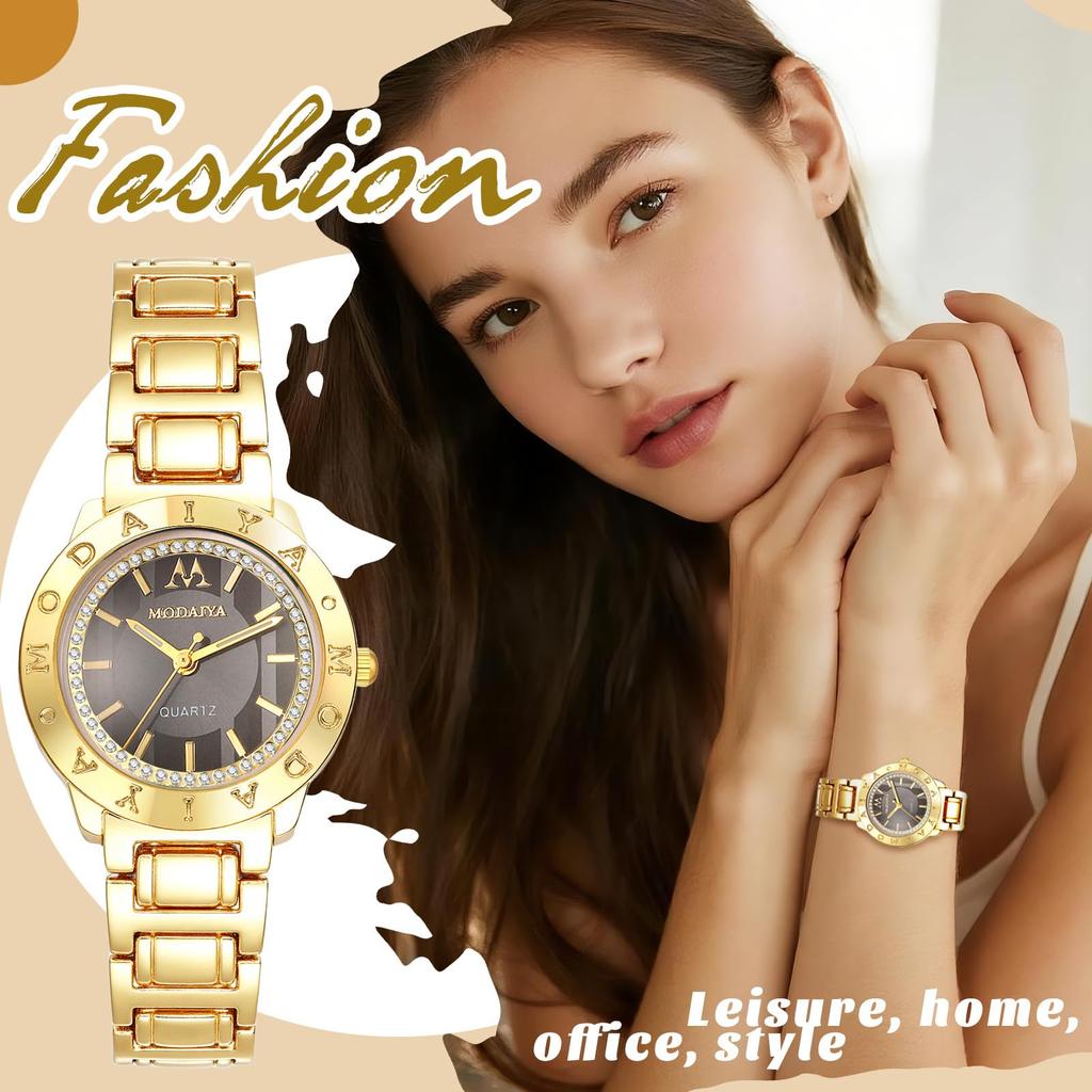 Sparkling Diamond Roman Analog Waterproof Quartz Fashion Accessory Perfect Gift for Day Ladies' Watch, Gold Cute, Stylish, Numerals, Display, Watch,
