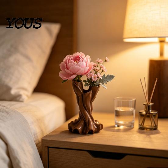 Decorative Table Centerpiece 3D Printed Flower Vase, Matte Wood Grain Double Tube Ornament, Mid Living Room Ornament Century Style Floral Arrangement,