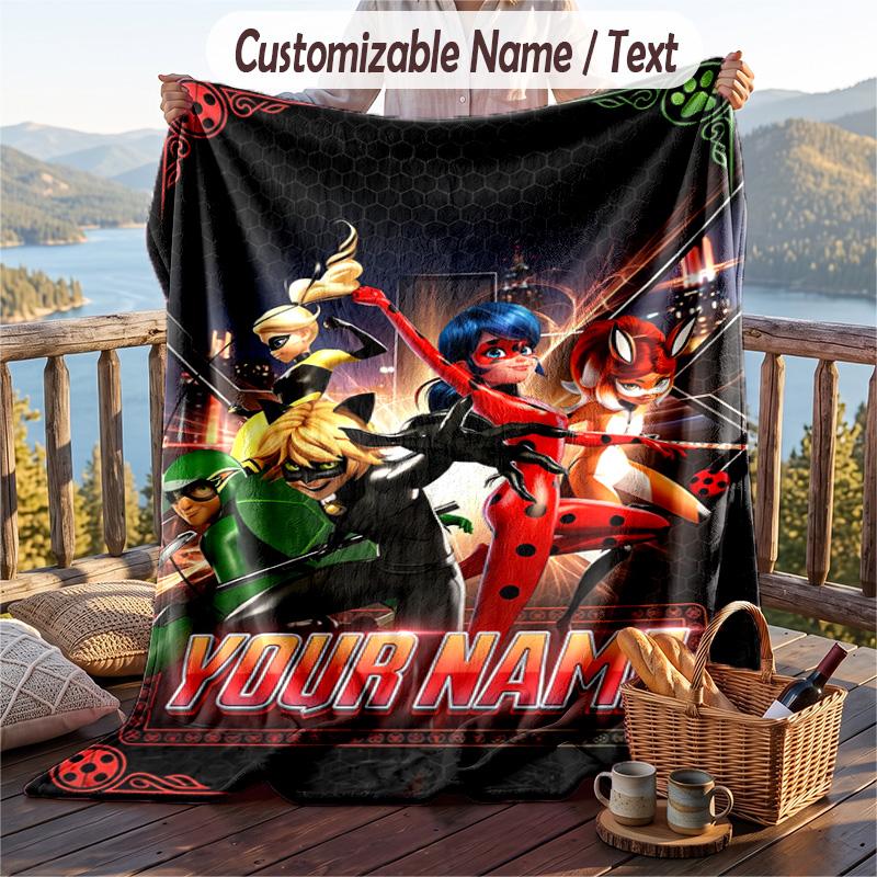 Miraculous Ladybug Flannel Blanket, Personalized Custom Name Text, Soft Warm Plush Throw Blanket For Gift