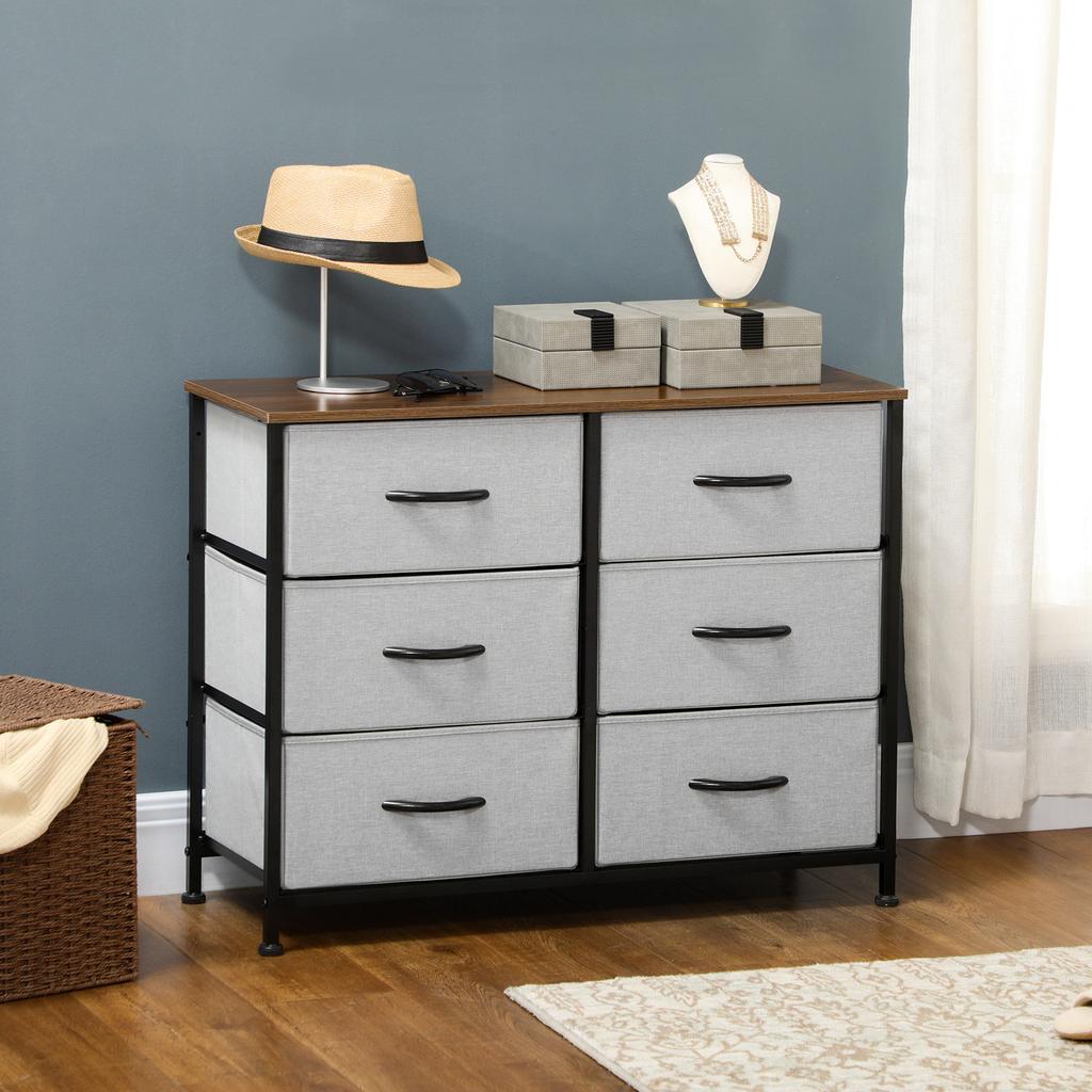 Fabric Chest of Drawers, Industrial Bedroom Dresser with 6 Fabric Drawers, Steel Frame and Wooden Top for Nursery, Living Room, Hallway, Grey